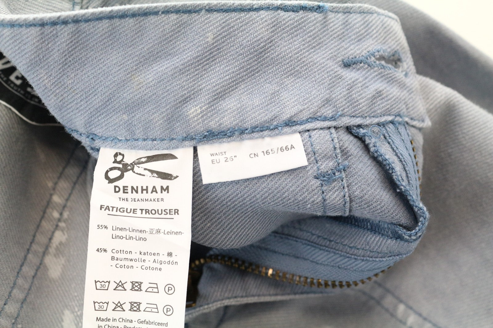 DENHAM Bonnie Women Trousers W26/L28 Wide Blue Linen Cotton Painted Aged Look