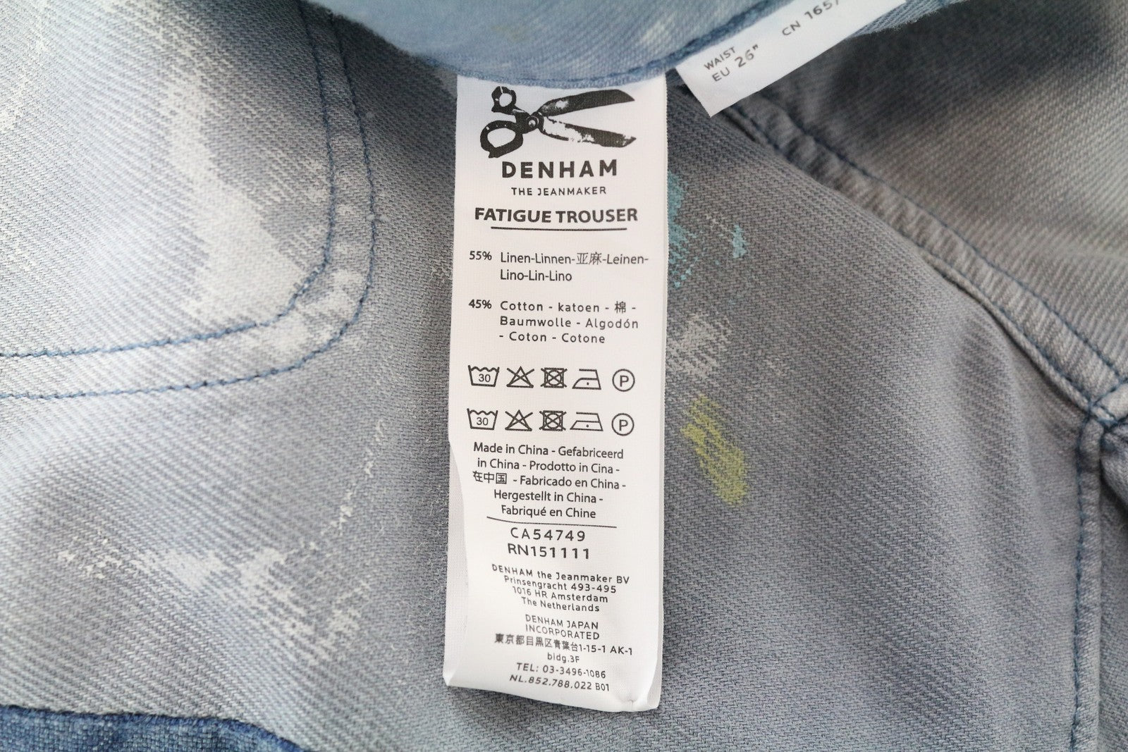DENHAM Bonnie Women Trousers W26/L28 Wide Blue Linen Cotton Painted Aged Look