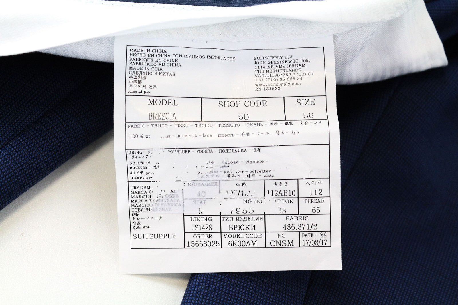 SUITSUPPLY Brescia Men Trousers UK40R Blue Pure Wool Pleated Classic Lined