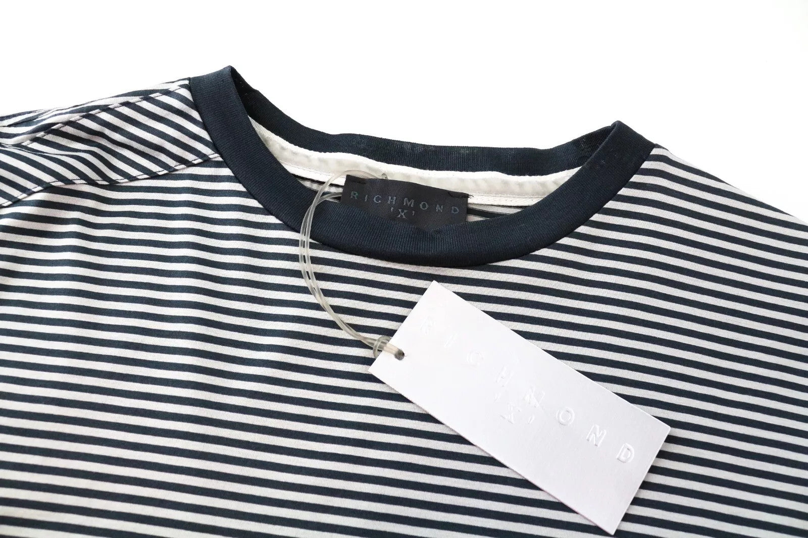 RICHMOND  Men T-Shirt L Grey Pure Cotton Striped Short Sleeved Pullover