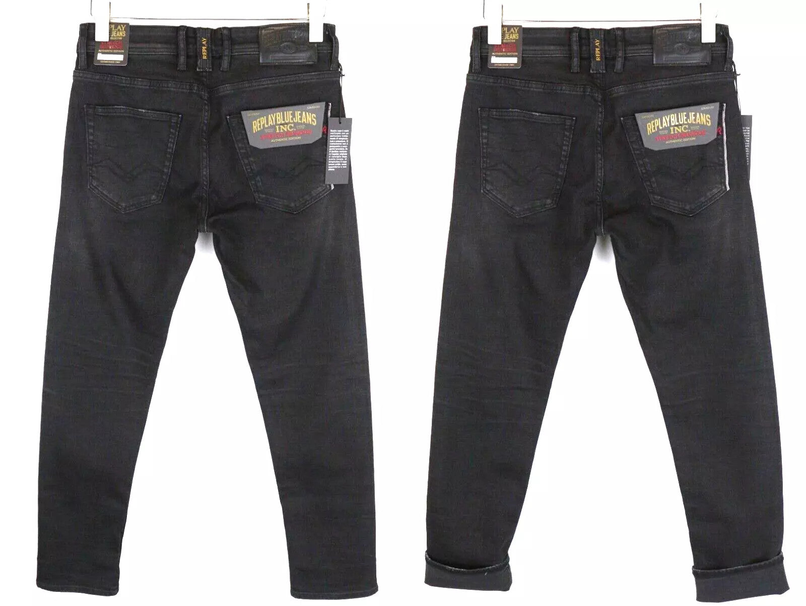 REPLAY Grover Men Jeans W30/L32 Black Straight Fit Denim Cotton Stretch Selvedge