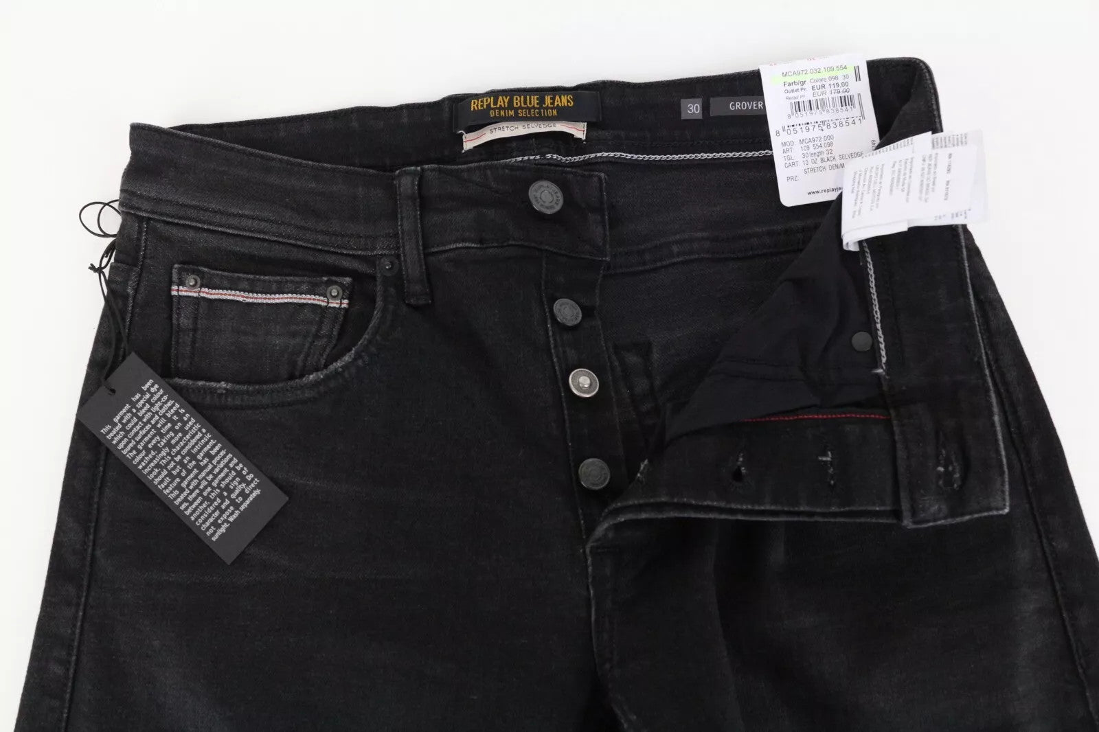 REPLAY Grover Men Jeans W30/L32 Black Straight Fit Denim Cotton Stretch Selvedge
