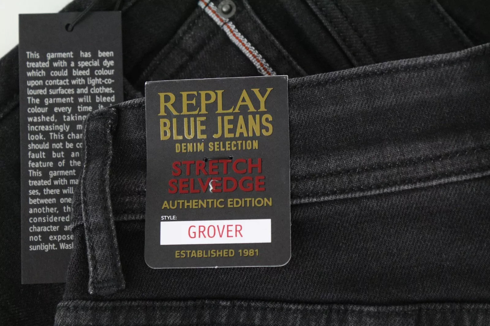 REPLAY Grover Men Jeans W30/L32 Black Straight Fit Denim Cotton Stretch Selvedge