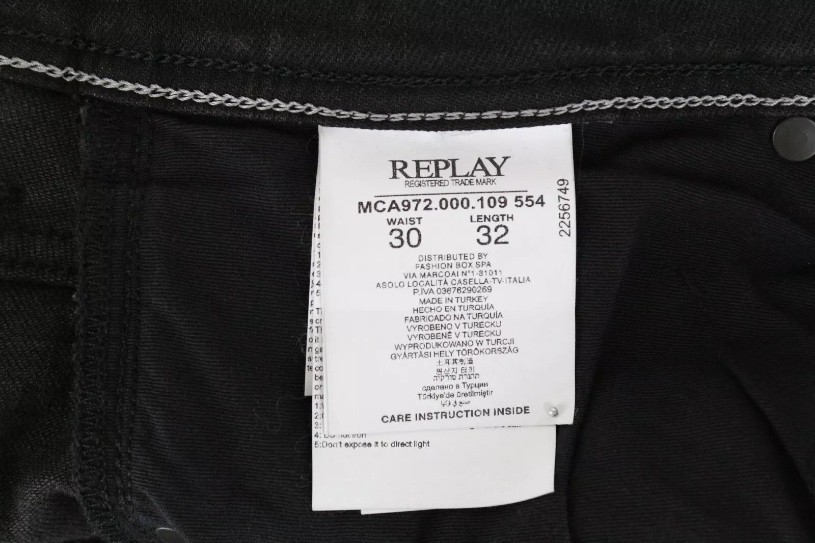 REPLAY Grover Men Jeans W30/L32 Black Straight Fit Denim Cotton Stretch Selvedge