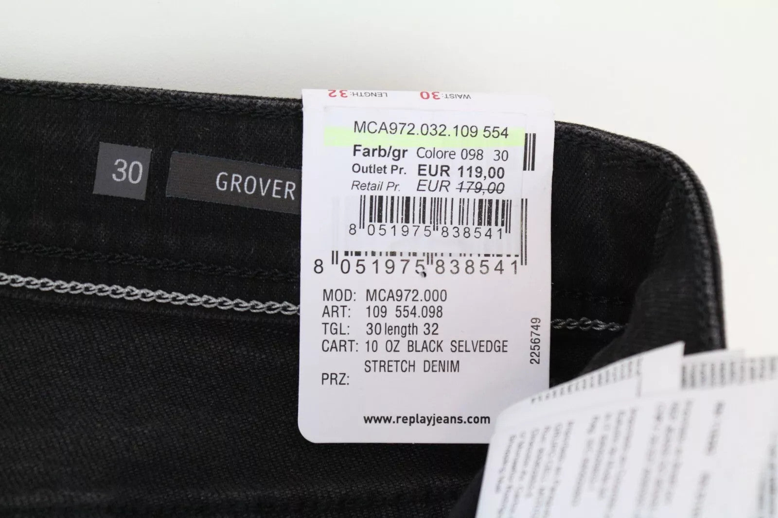 REPLAY Grover Men Jeans W30/L32 Black Straight Fit Denim Cotton Stretch Selvedge