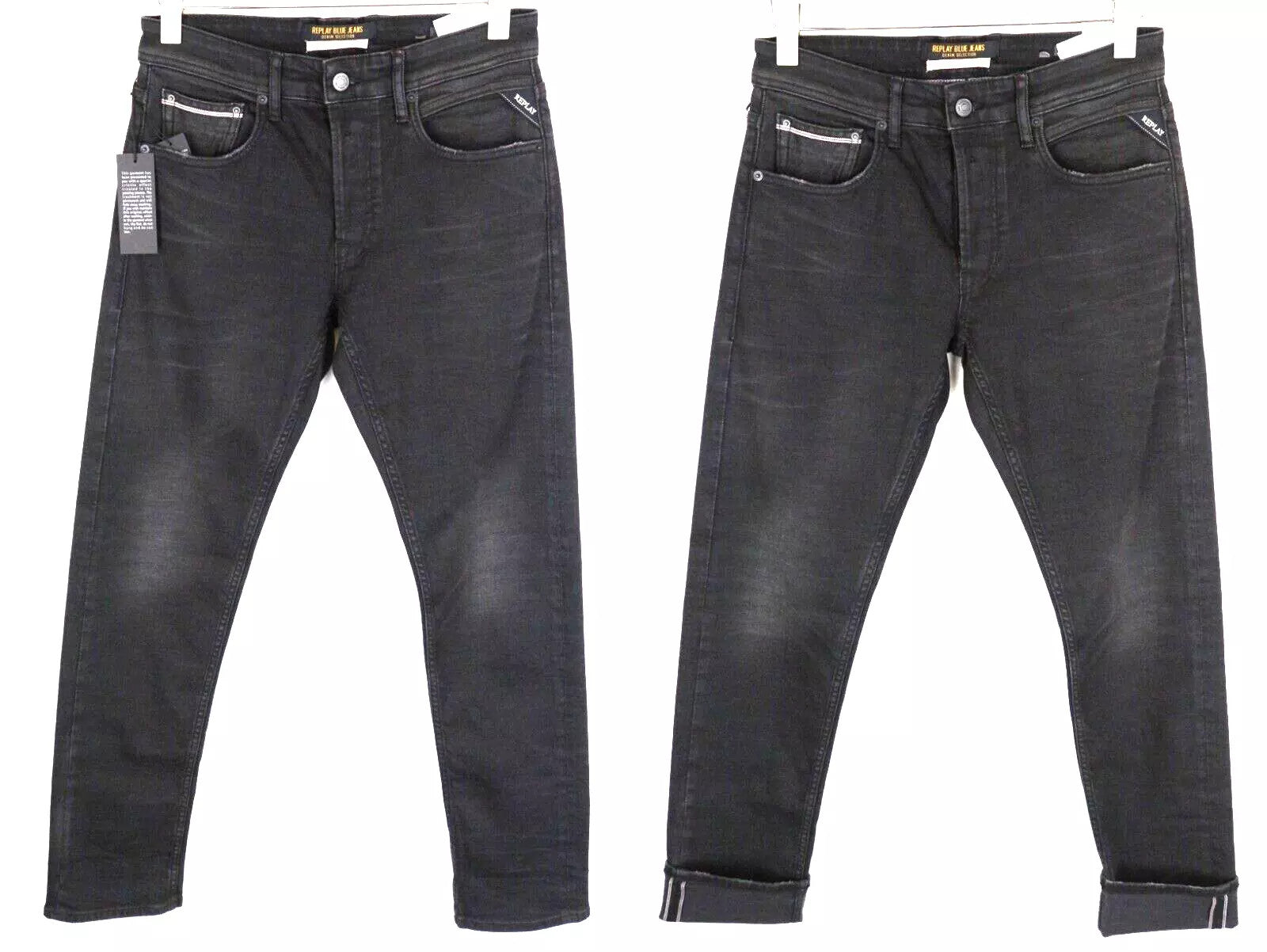 REPLAY Grover Men Jeans W29/L32 Black Straight Wash Cotton Stretch Selvedge