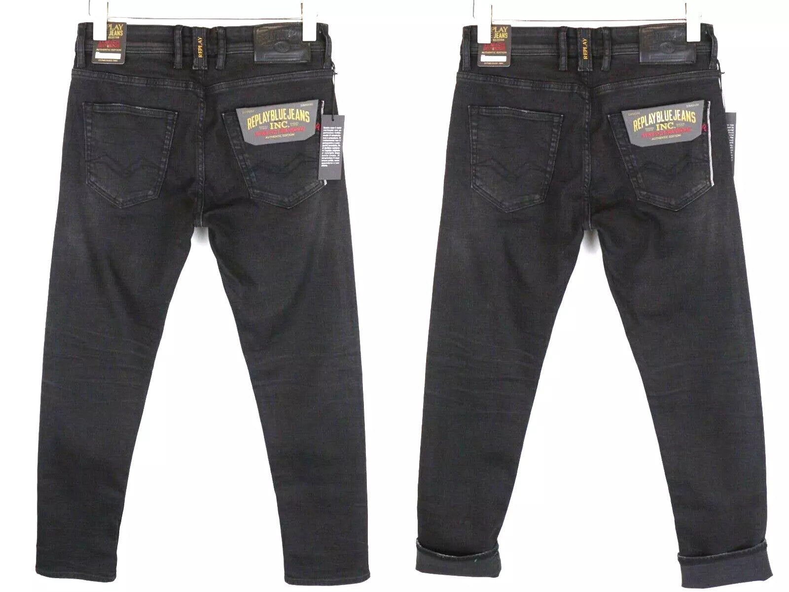 REPLAY Grover Men Jeans W29/L32 Black Straight Wash Cotton Stretch Selvedge