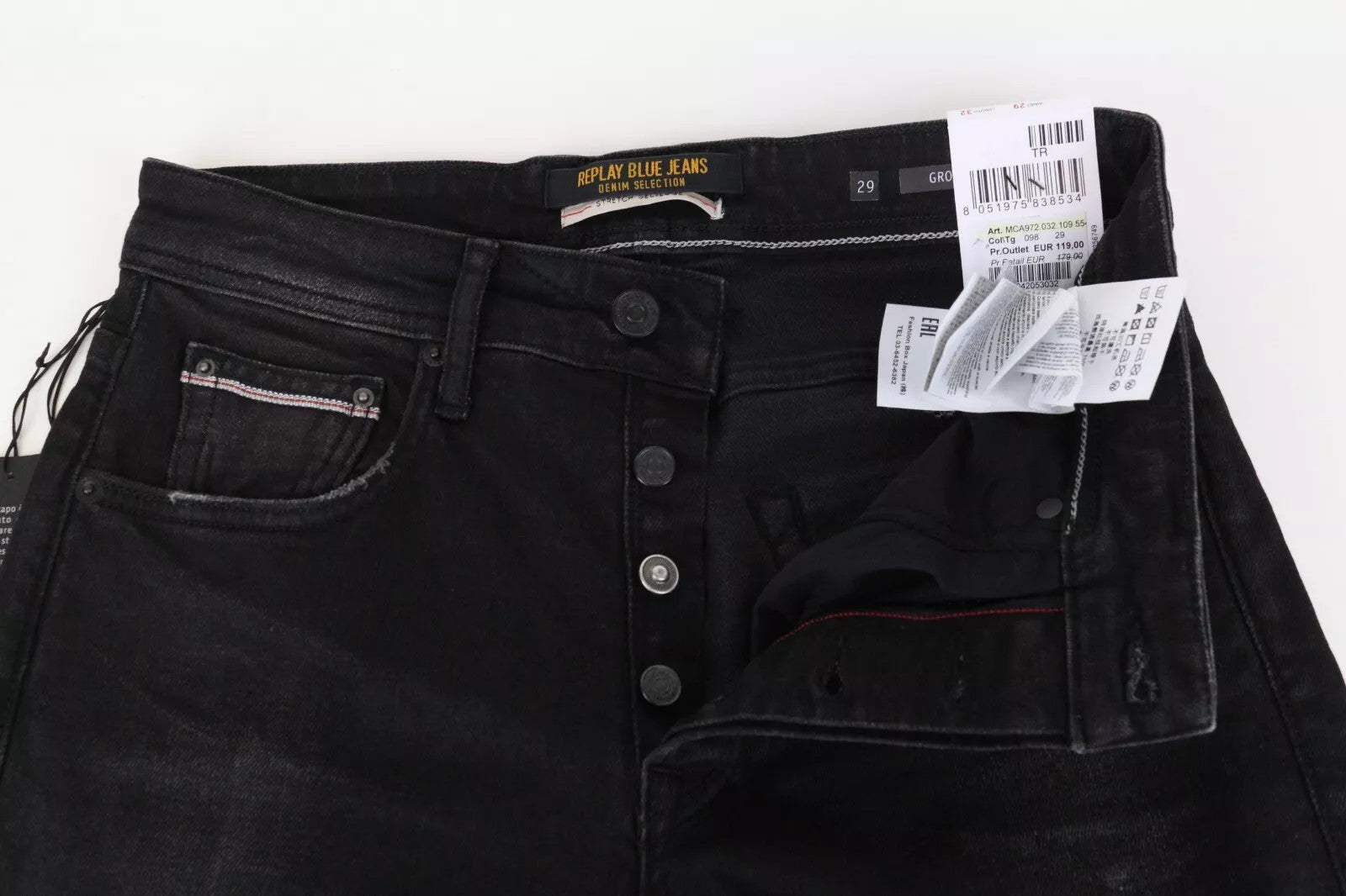 REPLAY Grover Men Jeans W29/L32 Black Straight Wash Cotton Stretch Selvedge