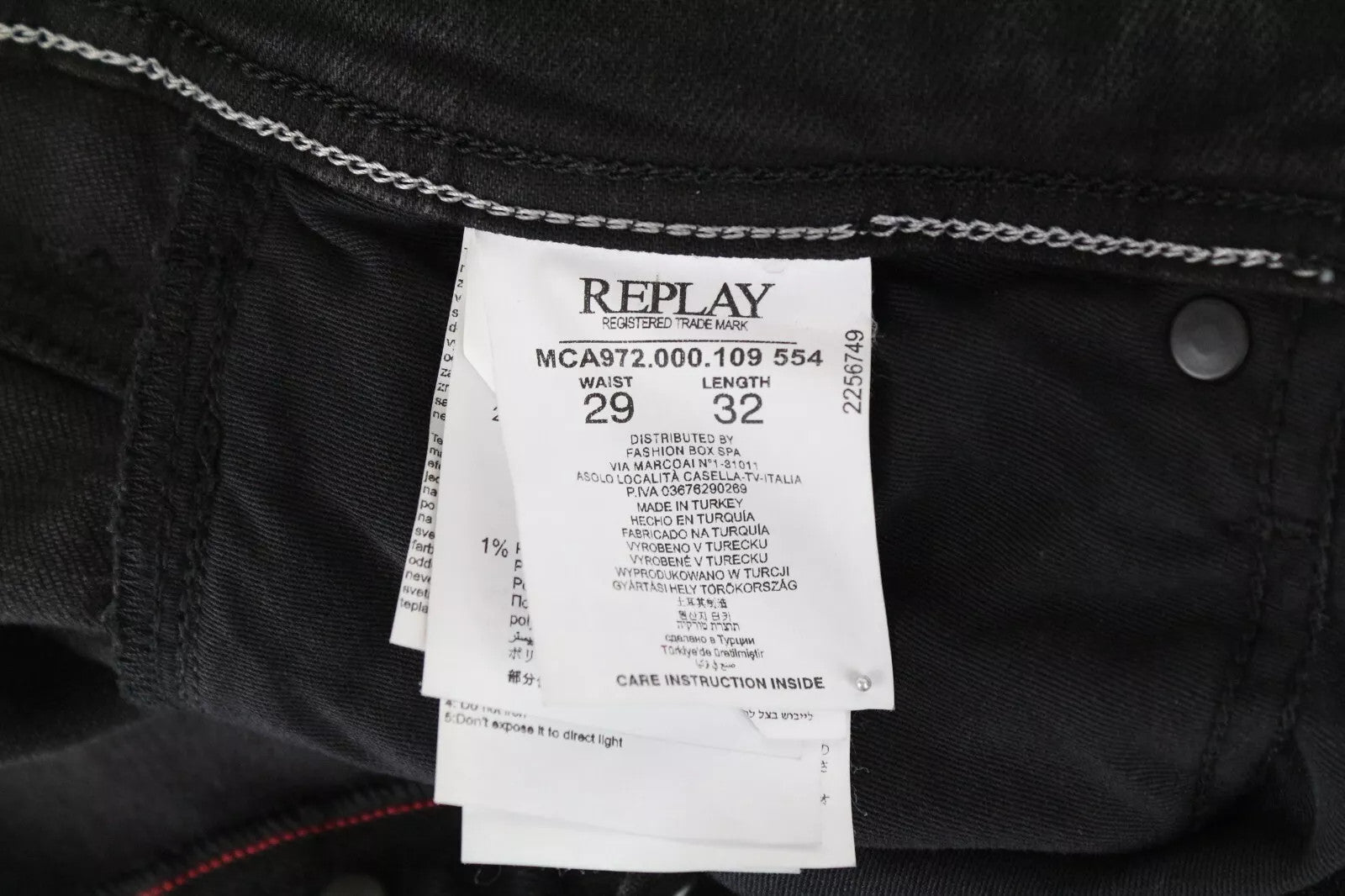 REPLAY Grover Men Jeans W29/L32 Black Straight Wash Cotton Stretch Selvedge