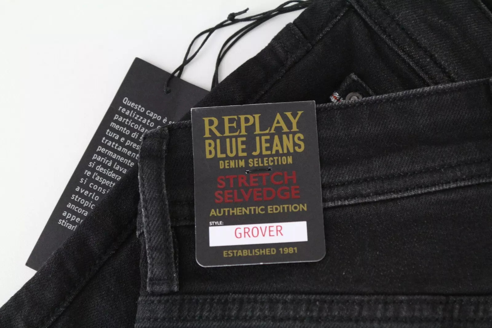 REPLAY Grover Men Jeans W29/L32 Black Straight Wash Cotton Stretch Selvedge