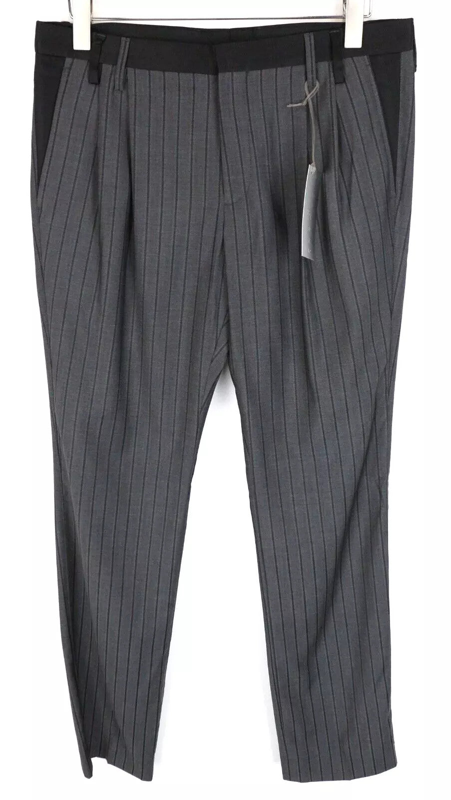 RICHMOND  Men Trousers 48 Grey Pure Wool Striped Pleated Slit Pocket Formal