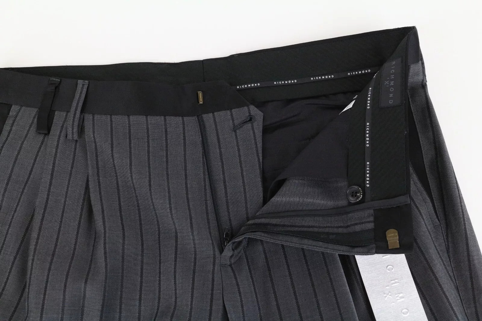 RICHMOND  Men Trousers 48 Grey Pure Wool Striped Pleated Slit Pocket Formal