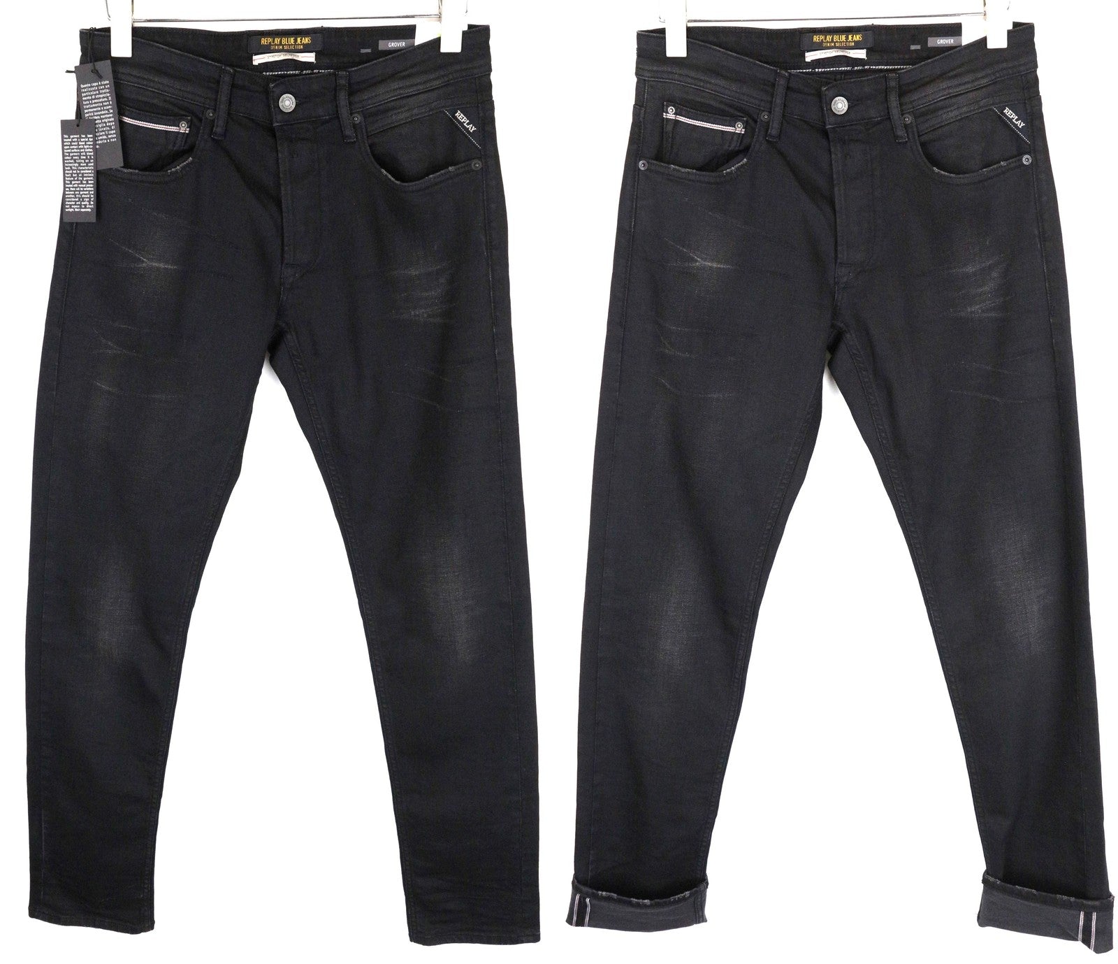 REPLAY Grover Men Jeans W29/L34 Black Cotton Stretch Straight Wash Selvedge