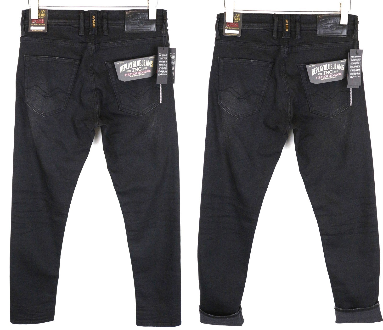 REPLAY Grover Men Jeans W29/L34 Black Cotton Stretch Straight Wash Selvedge