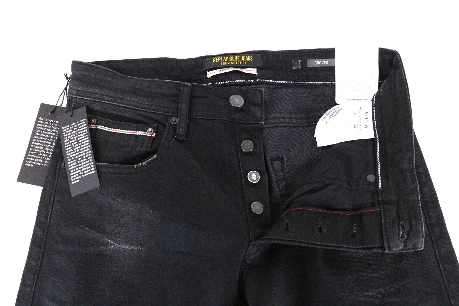 REPLAY Grover Men Jeans W29/L34 Black Cotton Stretch Straight Wash Selvedge