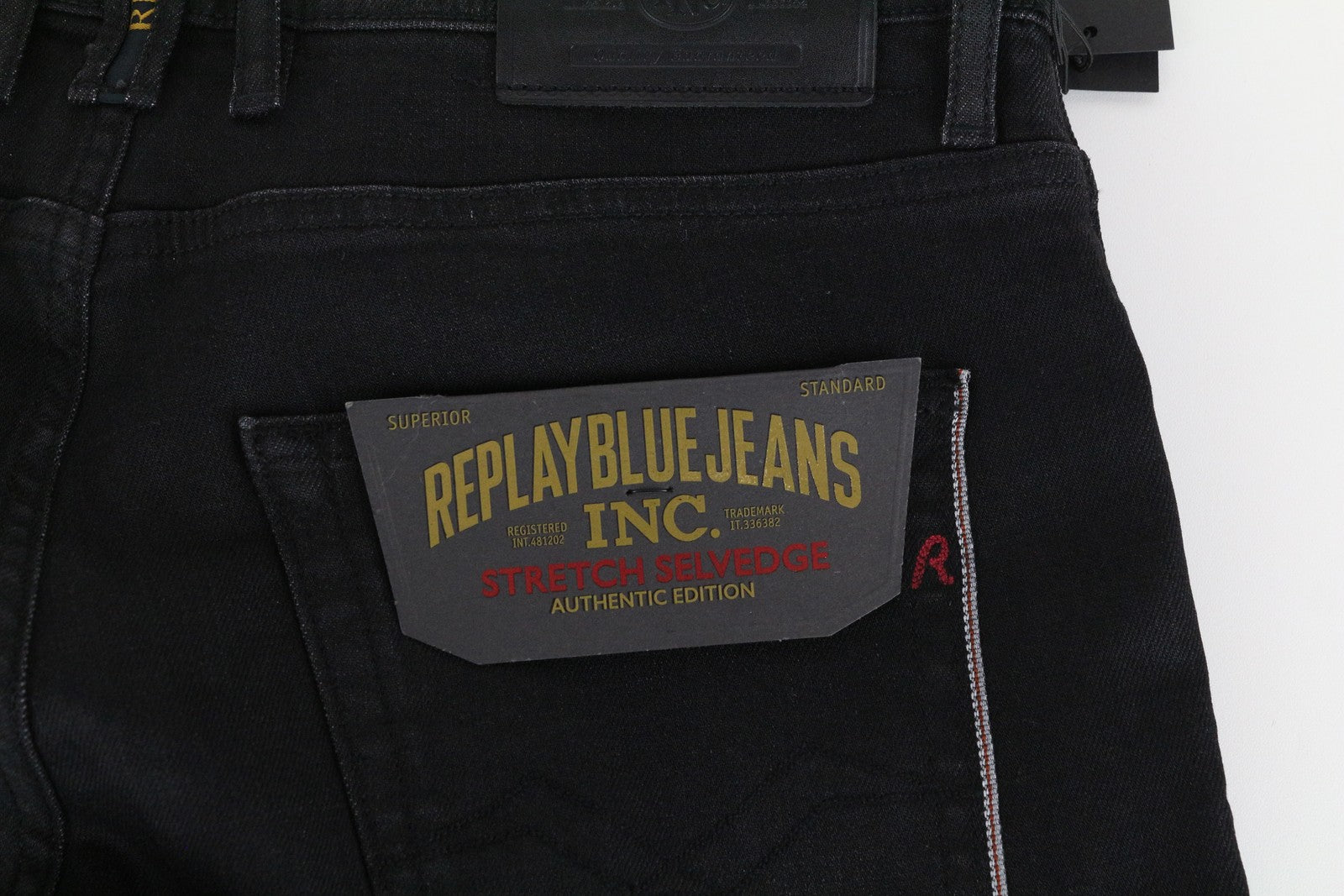 REPLAY Grover Men Jeans W29/L34 Black Cotton Stretch Straight Wash Selvedge