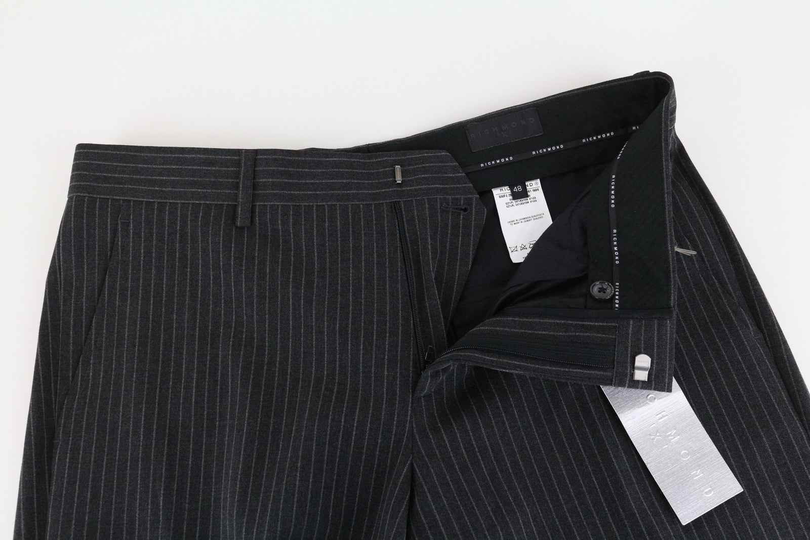 RICHMOND  Men Trousers 48 Striped Formal Pleated Front Slit Pocket Dark Grey