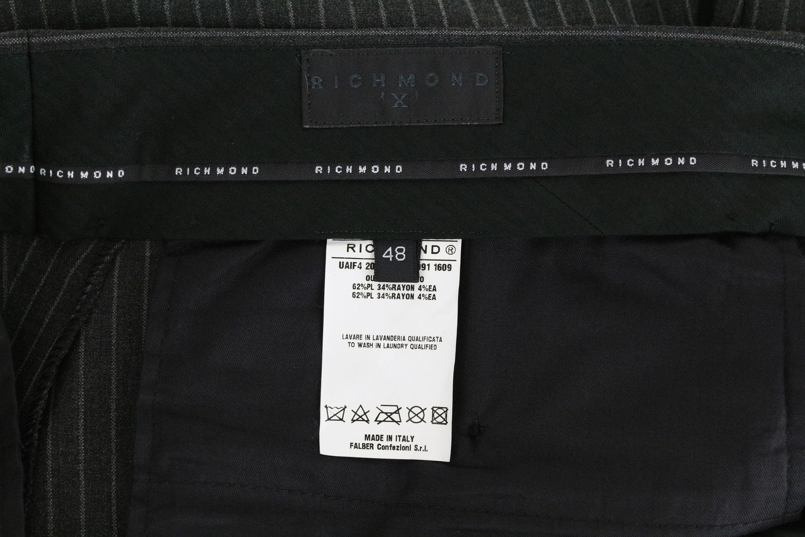RICHMOND  Men Trousers 48 Striped Formal Pleated Front Slit Pocket Dark Grey