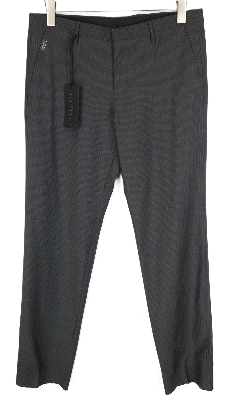 JOHN RICHMOND Men Trousers 48 Pleated Striped Classic Grey Wool Mohair