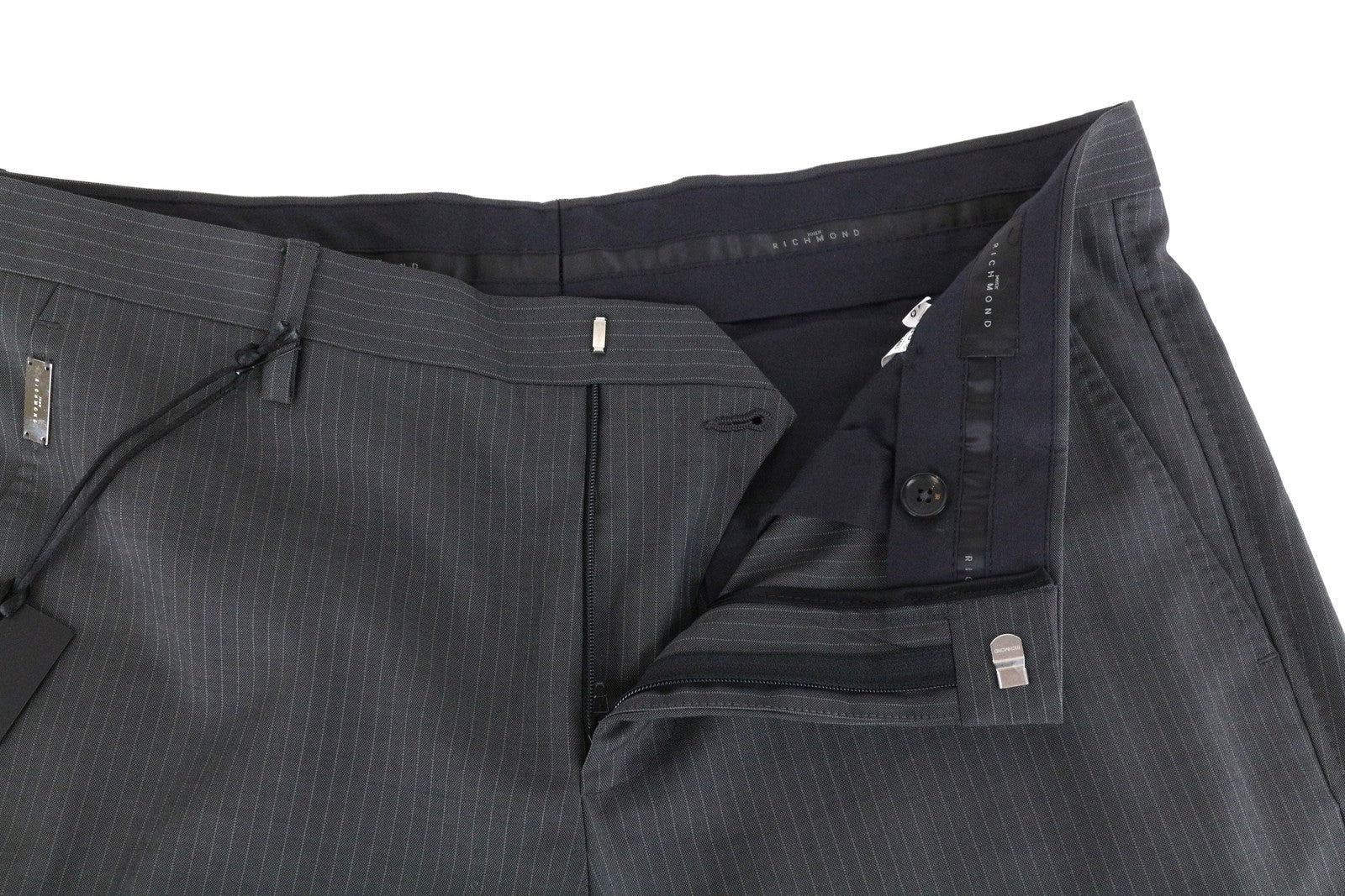 JOHN RICHMOND Men Trousers 48 Pleated Striped Classic Grey Wool Mohair
