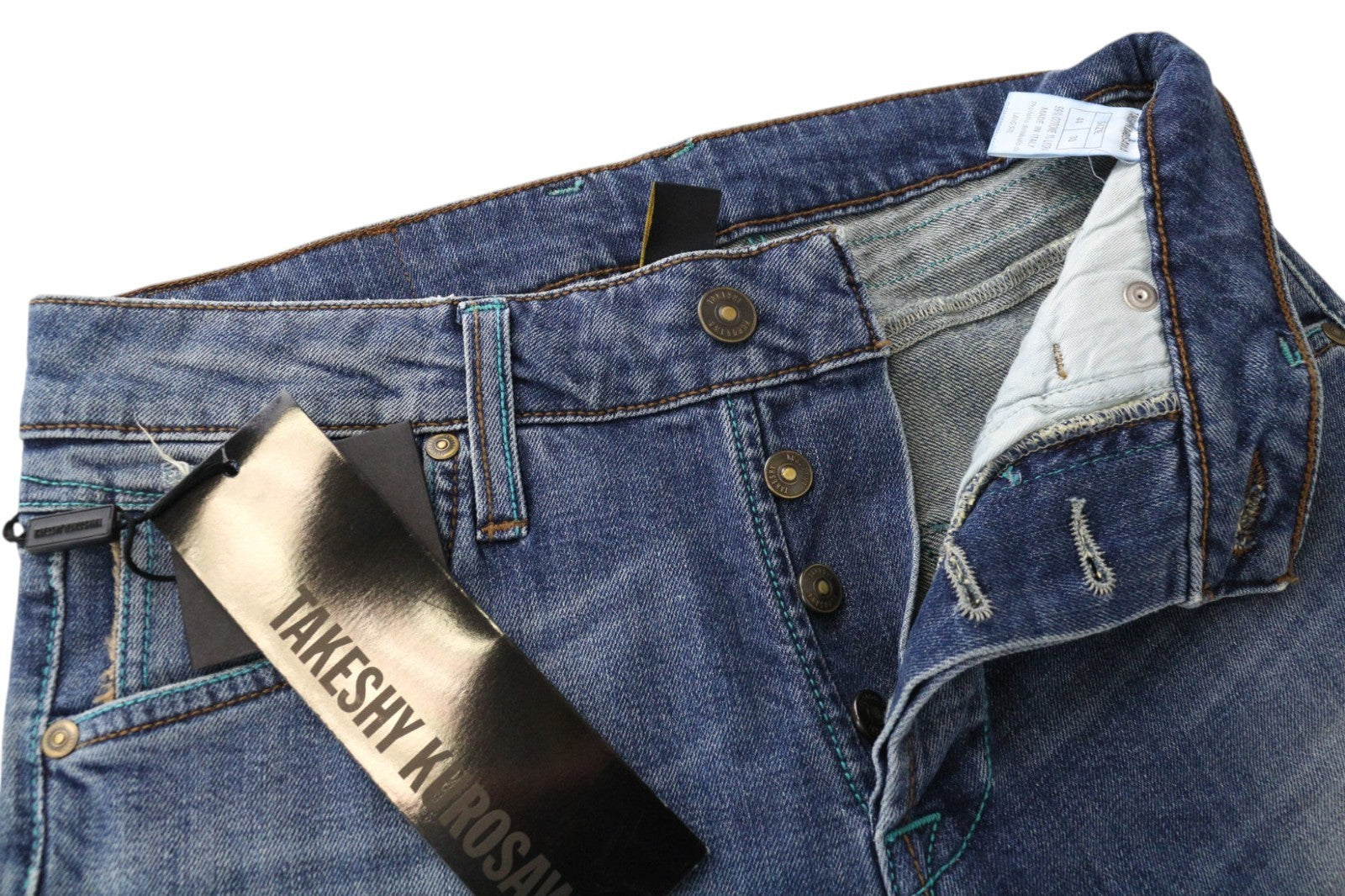 TAKESHY KUROSAWA TK75 Men's Jeans W30 Blue Slim Distressed Stretch Button Fly