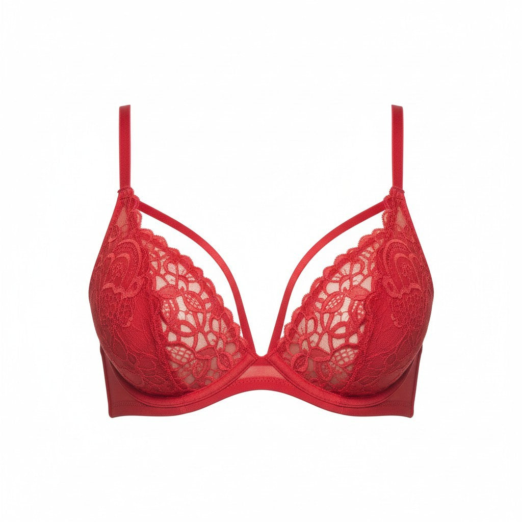 SCANDALE Plunge In Glamour Lace-Wired Women Bra 70B Red Guipure Laces