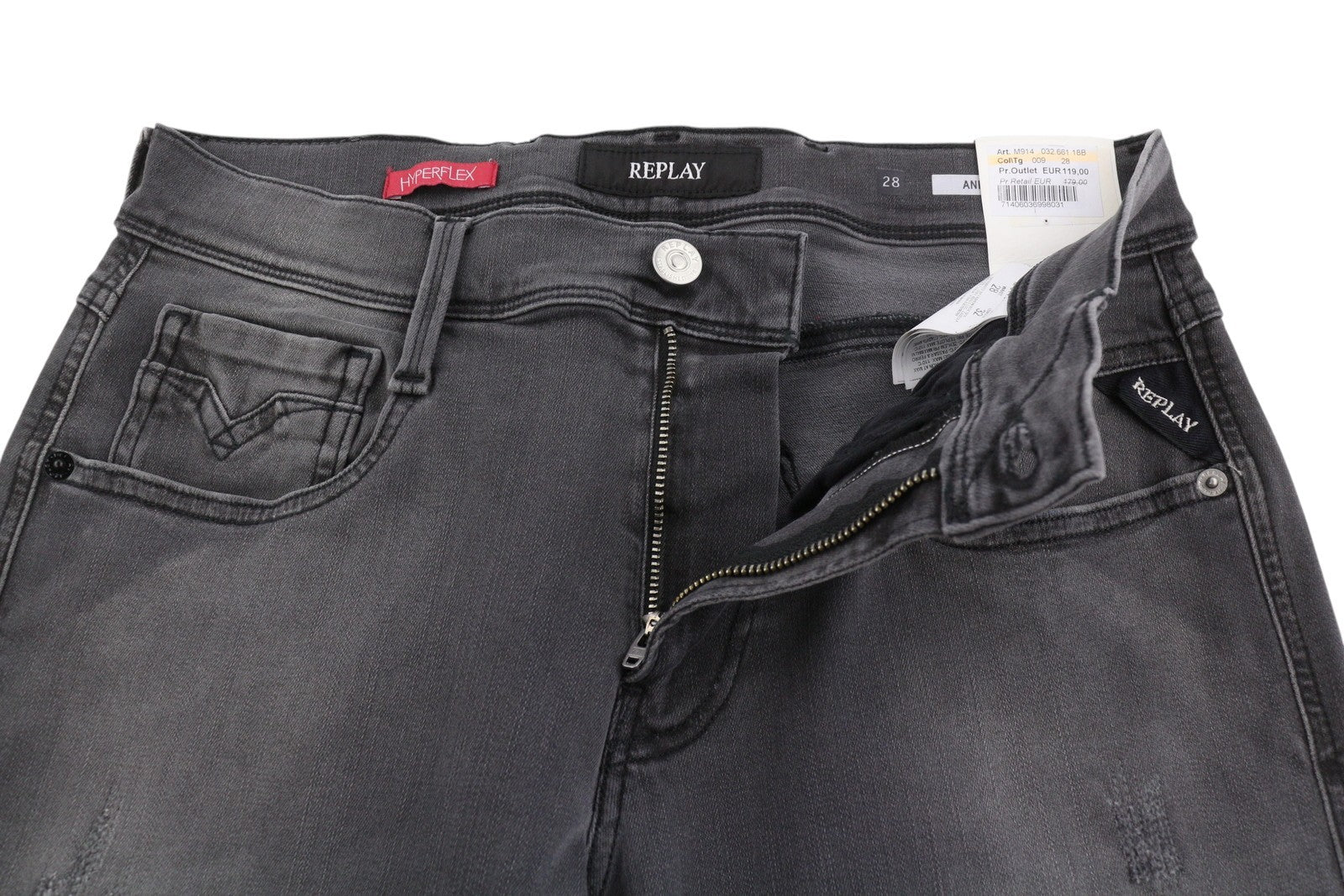 REPLAY Anbass Hyperflex Men Jeans W28/L32 Grey Faded Distress Slim Fit