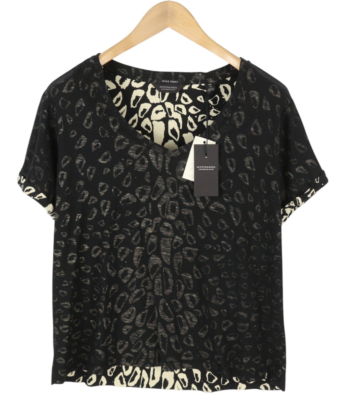 SCOTCH & SODA Women T-Shirt XS Black Patterned V-Neck Short Sleeved