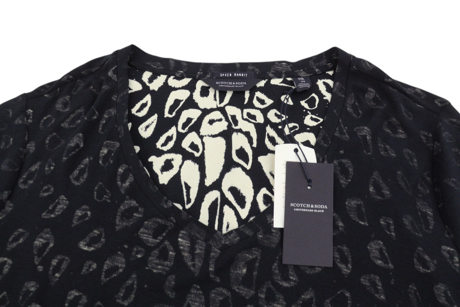 SCOTCH & SODA Women T-Shirt XS Black Patterned V-Neck Short Sleeved
