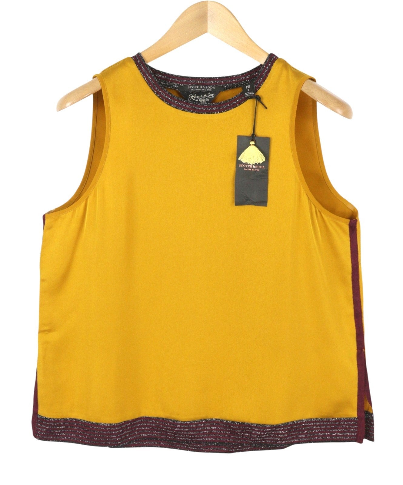MAISON SCOTCH Women T-Shirt M Mustard Shiny Look Crew Neck Sleeveless