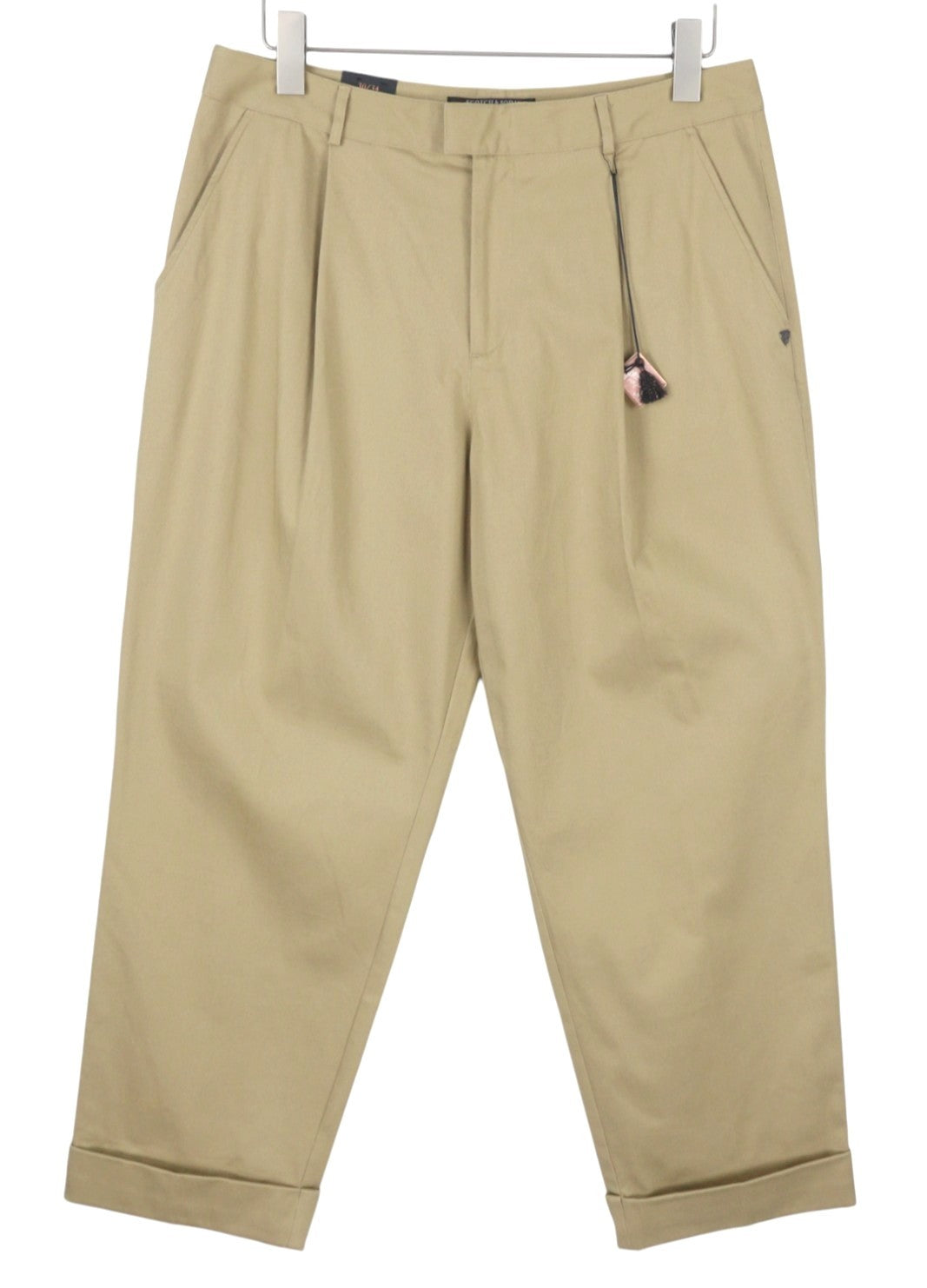 MAISON SCOTCH Women Trousers W30/L34 Beige Pleated Turn-Up Cropped Chino