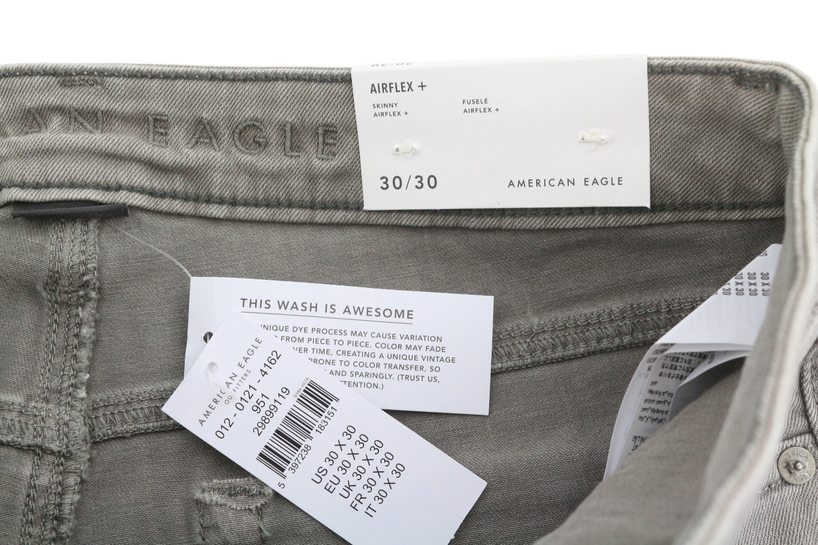 AMERICAN EAGLE OUTFITTERS Skinny Ariflex+ Men Jeans W30/L30 Grey Whiskers Faded