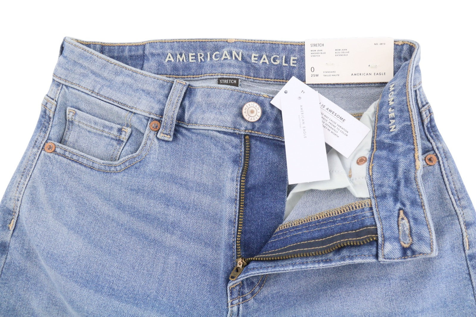 AMERICAN EAGLE OUTFITTERS Mom Washed Blue Stretch Women Jeans W25 Whiskers