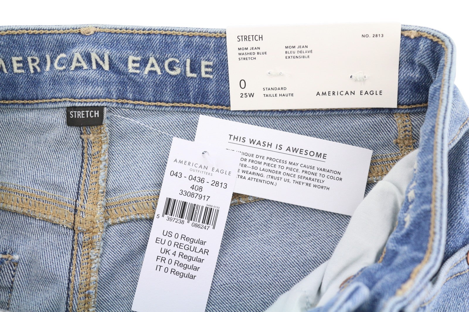 AMERICAN EAGLE OUTFITTERS Mom Washed Blue Stretch Women Jeans W25 Whiskers