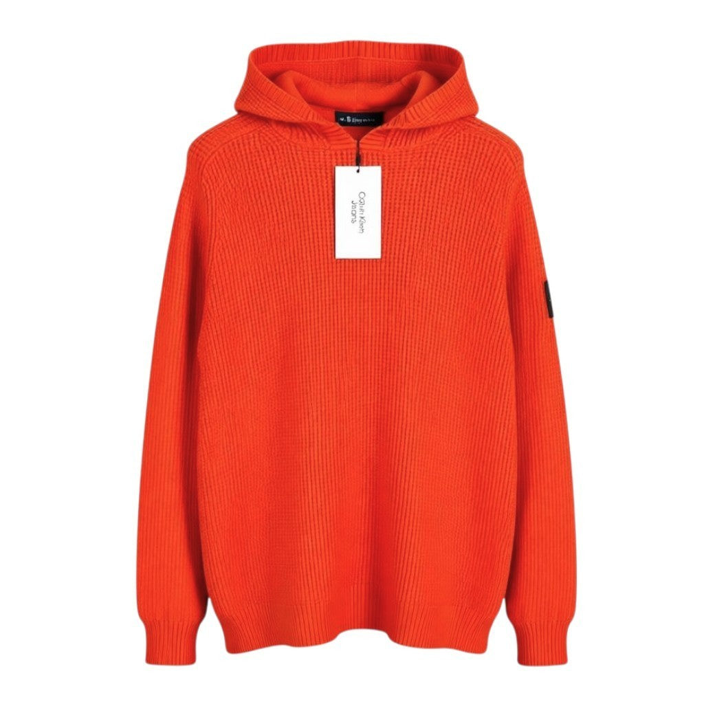 CALVIN KLEIN Men Jumper M Orange Hooded Knit Logo