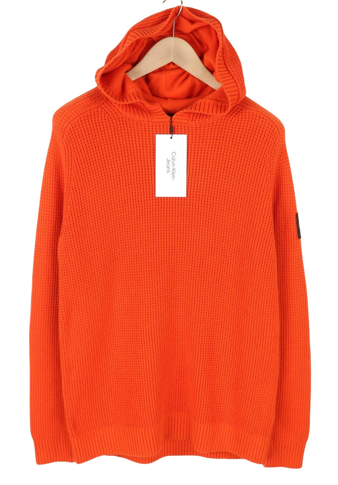 CALVIN KLEIN Men Jumper M Orange Hooded Knit Logo