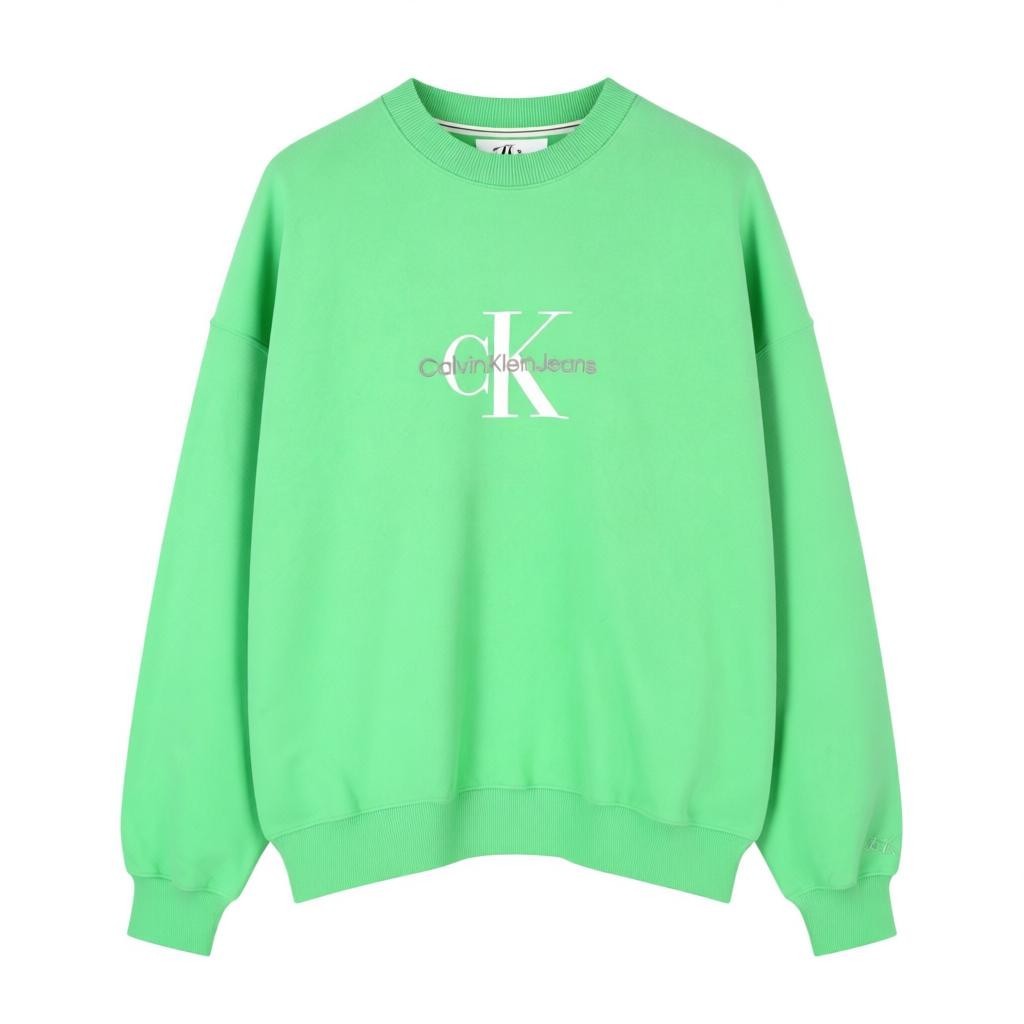 CALVIN KLEIN Men Sweatshirt L Green Crew Logo