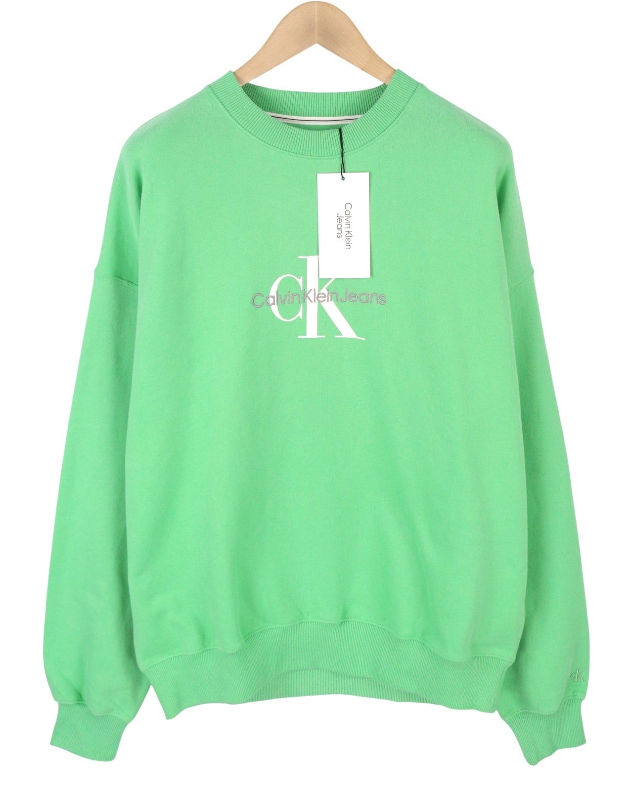 CALVIN KLEIN Men Sweatshirt L Green Crew Logo