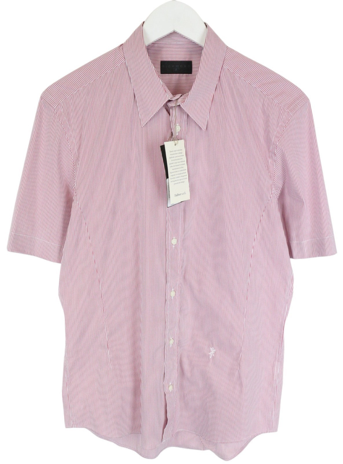 RICHMOND  Men Shirt 48 Red White Cotton Blend Stretch Striped Short Sleeve