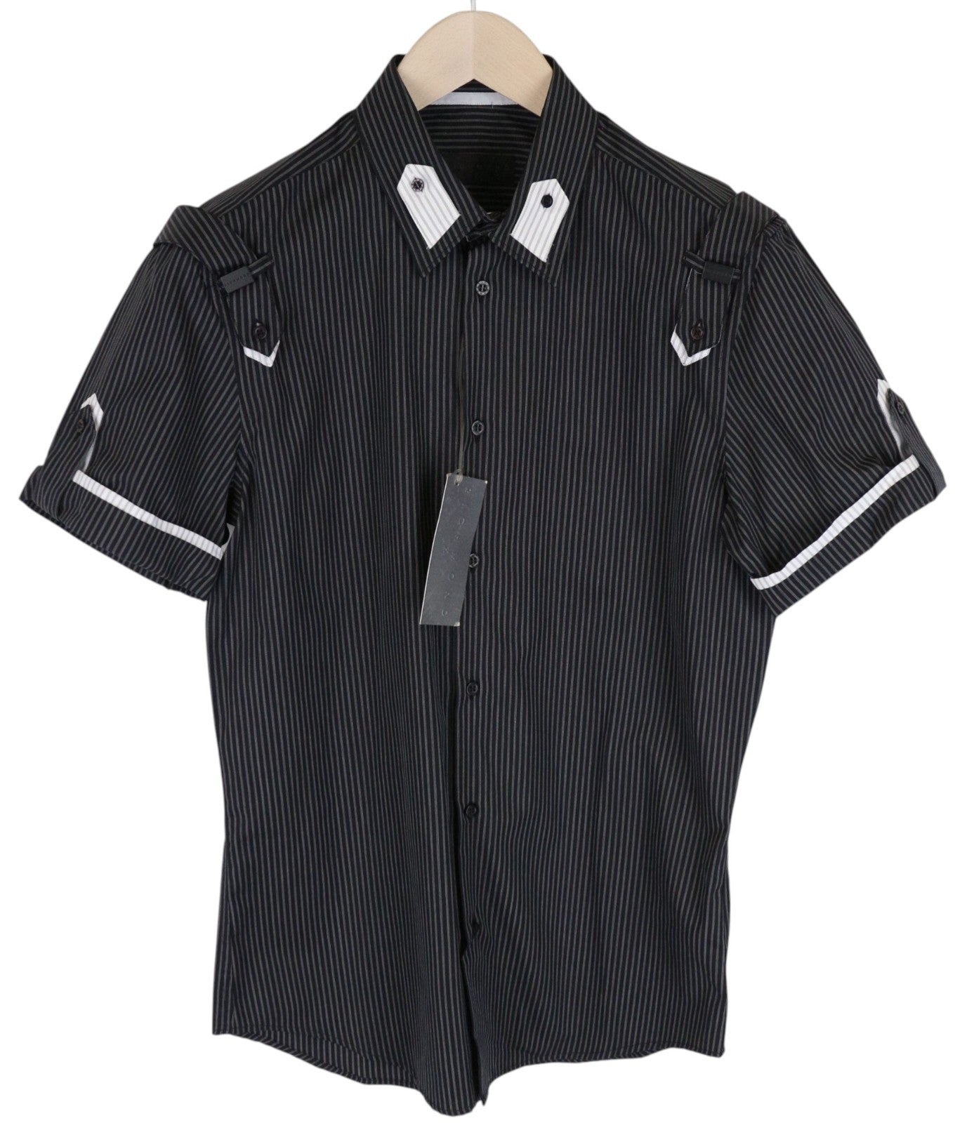 RICHMOND  Men Shirt 48 Navy Pure Cotton Striped Short Sleeved Button-Up