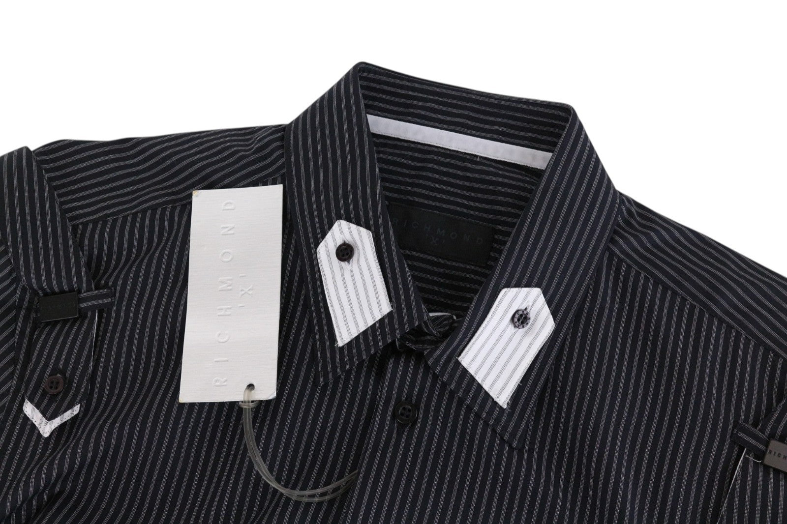 RICHMOND  Men Shirt 48 Navy Pure Cotton Striped Short Sleeved Button-Up