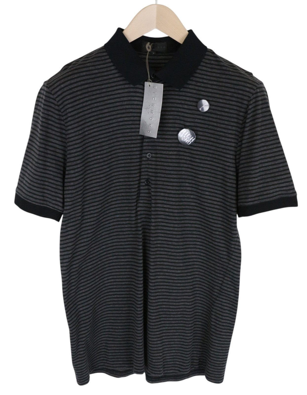 RICHMOND  Men T-Shirt L Grey Pure Cotton Striped Short Sleeved Pins Polo
