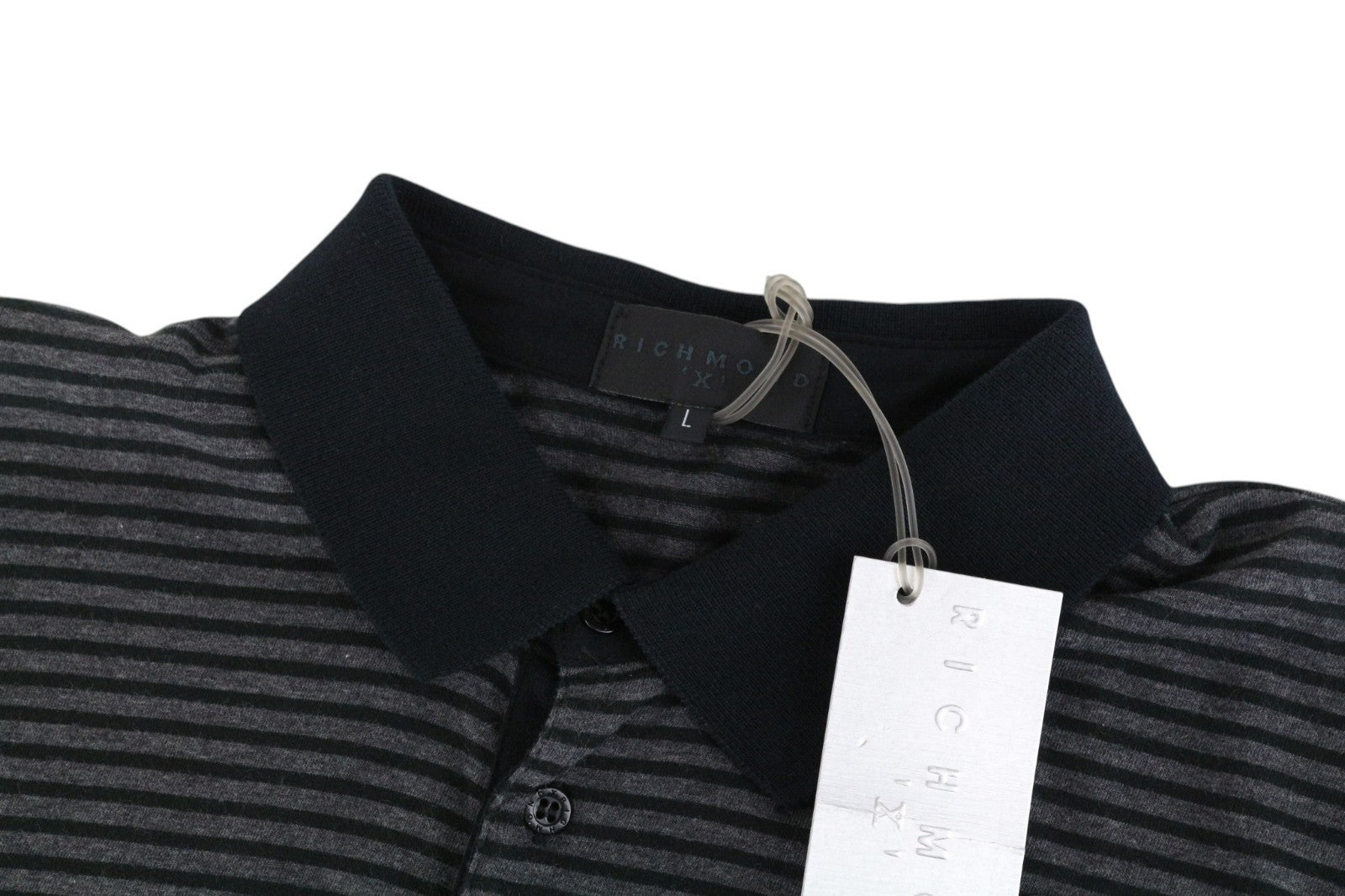 RICHMOND  Men T-Shirt L Grey Pure Cotton Striped Short Sleeved Pins Polo