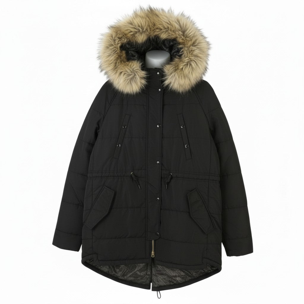 REPLAY Women Jacket L Black Oversized Drawstring Waist Hooded Padded Parka