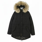 REPLAY Women Jacket L Black Oversized Drawstring Waist Hooded Padded Parka
