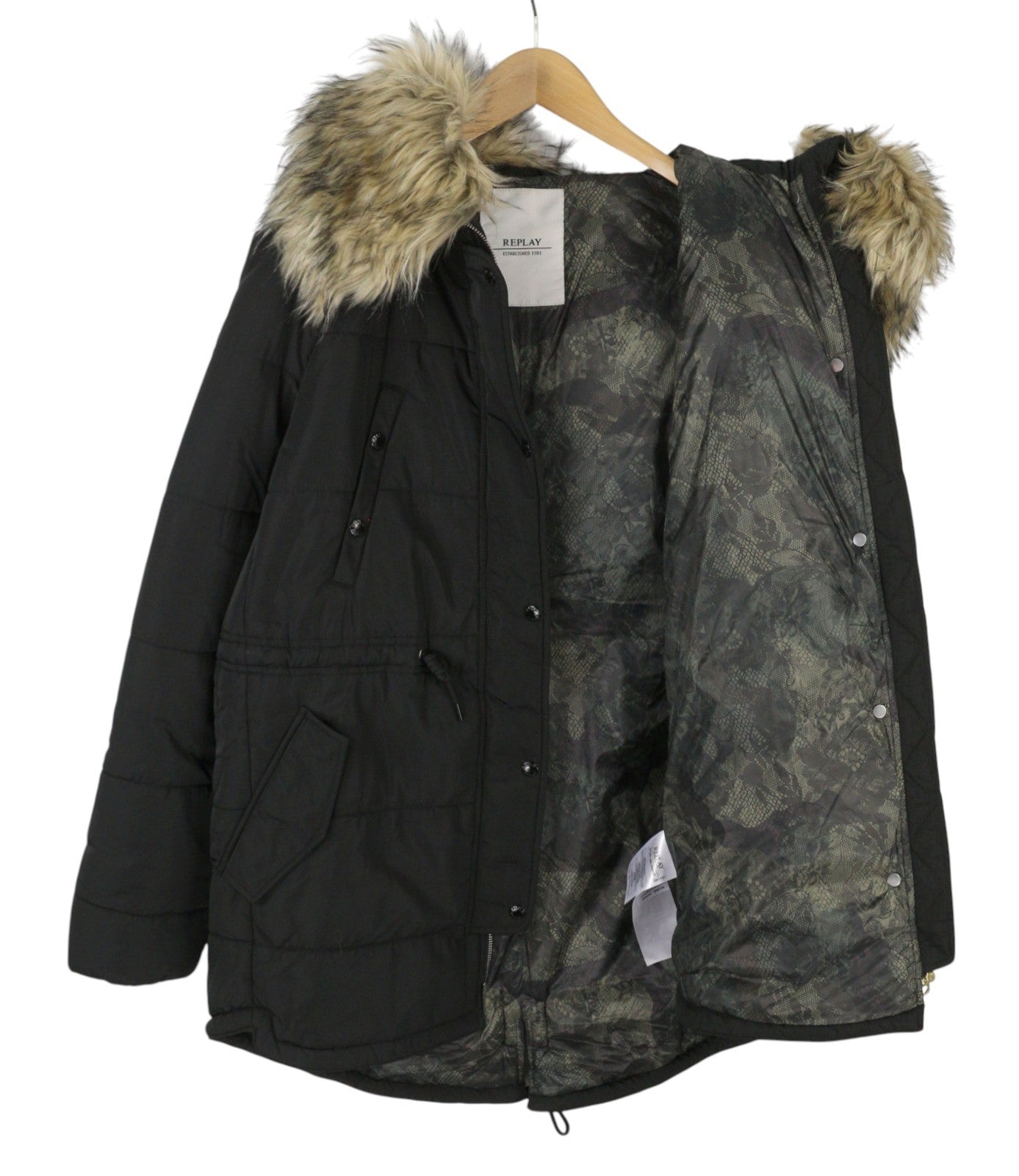 REPLAY Women Jacket L Black Oversized Drawstring Waist Hooded Padded Parka
