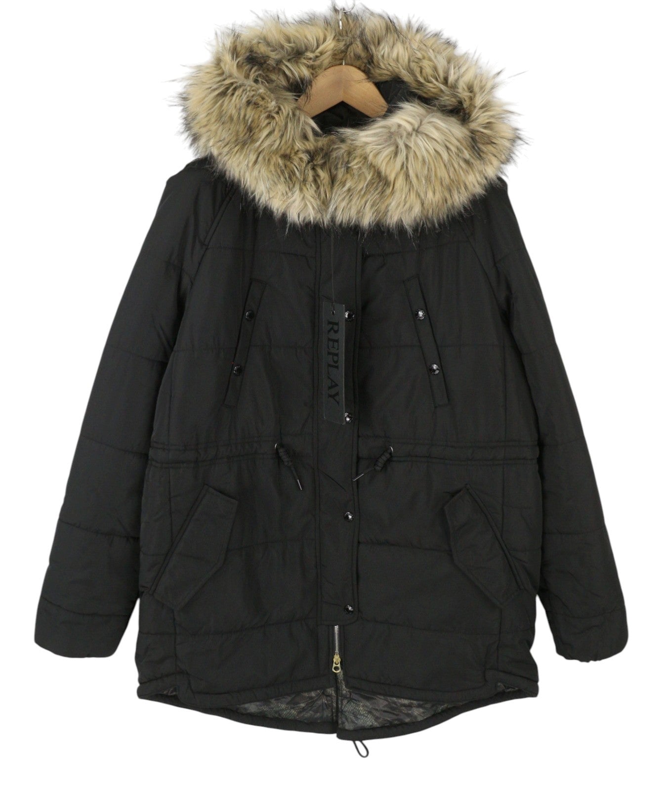 REPLAY Women Jacket L Black Oversized Drawstring Waist Hooded Padded Parka