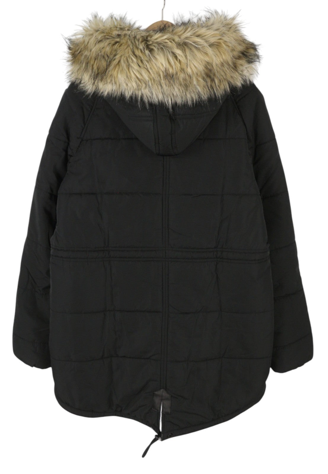 REPLAY Women Jacket L Black Oversized Drawstring Waist Hooded Padded Parka