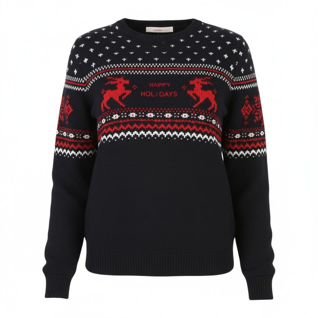 SUISTUDIO Women Jumper M Dark Blue Wool Blend Happy Holidays Pattern Pull On