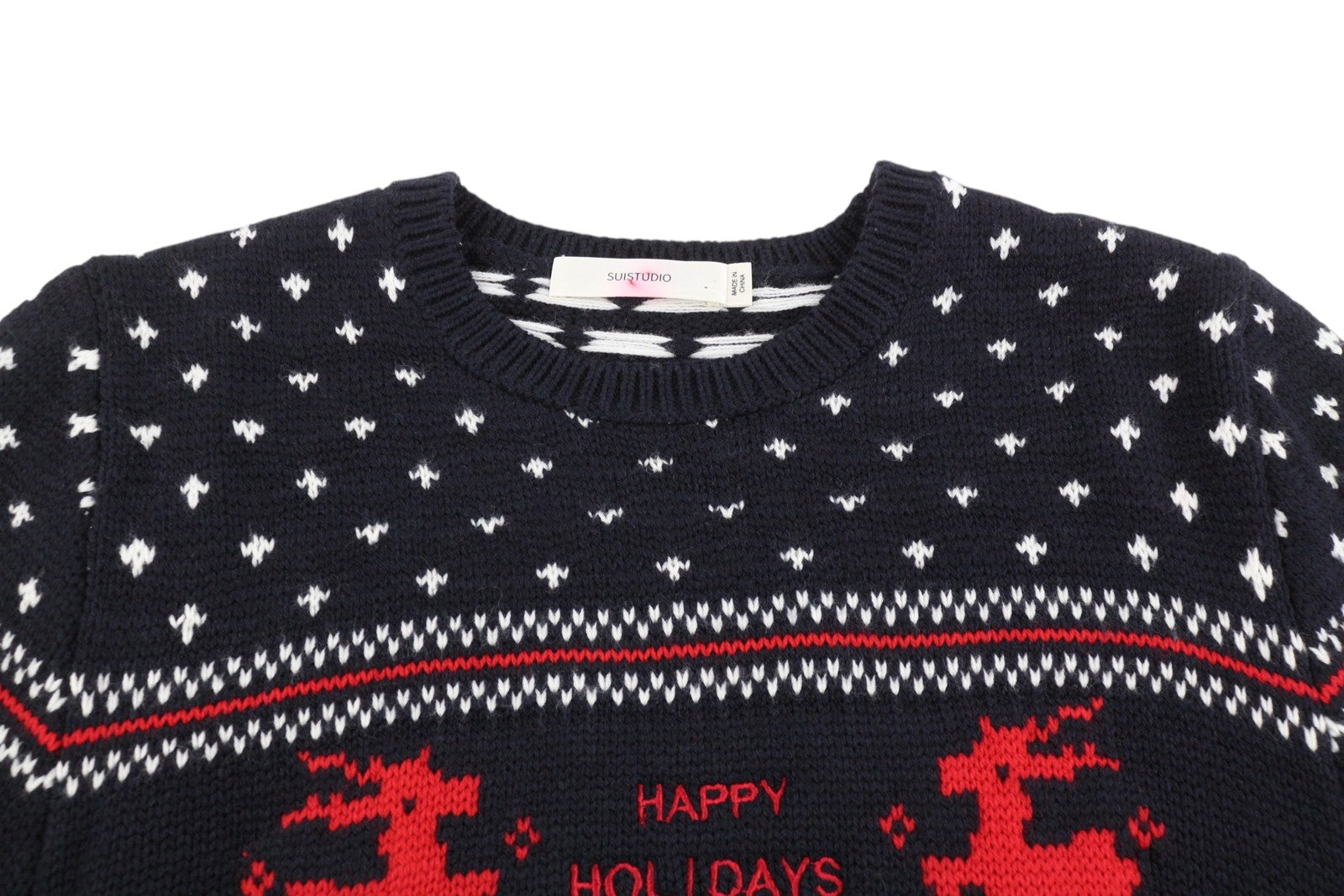 SUISTUDIO Women Jumper M Dark Blue Wool Blend Happy Holidays Pattern Pull On